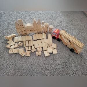 FAO Schwarz Wooden Building Blocks with Red and Yellow Toy Truck